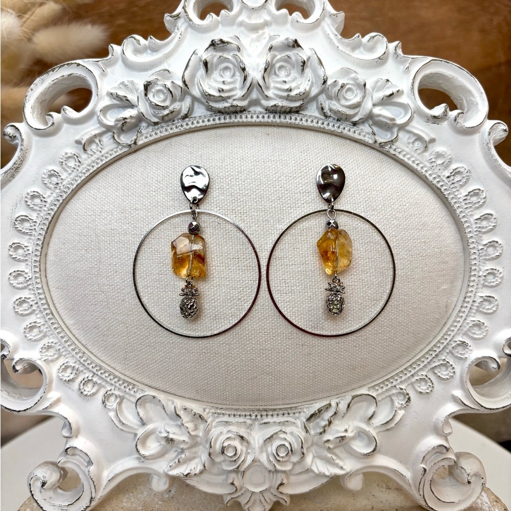 Hoop Yellow Earrings Citrine and Pineapple Charm Gardgy